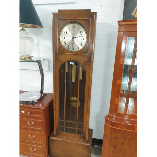 90 - An Oak Cased Art Deco Style Grandfather Clock With Pendulum And Weights ticks Needs Service