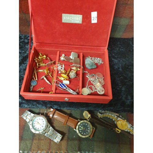 27 - A vintage Stackers Jewellery box & costume jewellery Watches etc