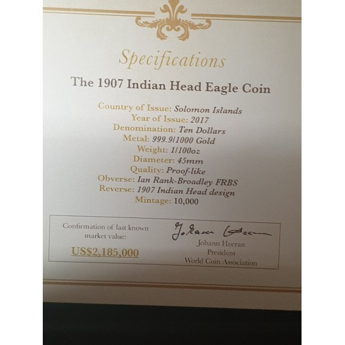 6 - 1907 Indian Head Eagle Coin 999 Pure Gold Mint With Certificate And Original Case