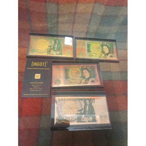 8 - 999 Gold Small Ingot And 4 Gold Foil Notes All Mint