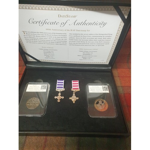 9I - 100 th Anniversary  Of RAF Date Stamp Set With Miniature Dress Medals Ans Raf £2 Coin And RAF 50p Co... 