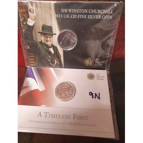 9N - 2 Fine Silver £ 20 Coin George And Dragon And Winston Churchill Mint Condition