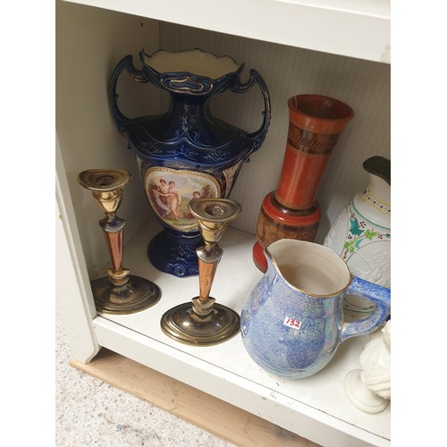 132 - Shelf Of Collectables Victorian Vase And Jug Govencroft Jug Candlesticks, Gurgle Jug Muffin Dish Etc