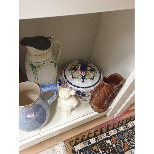 132 - Shelf Of Collectables Victorian Vase And Jug Govencroft Jug Candlesticks, Gurgle Jug Muffin Dish Etc