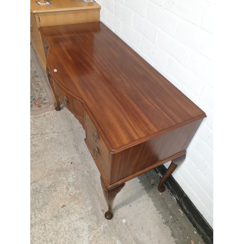 204 - Burr Walnut Serpentine Front Ladies Knee Hole Writing Desk With Queen Anne Legs 114 x 76 x 53 cms