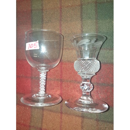 105 - 2 Early 1900s Glasses One Air Twist Stem And Other Scottish Thistle Design