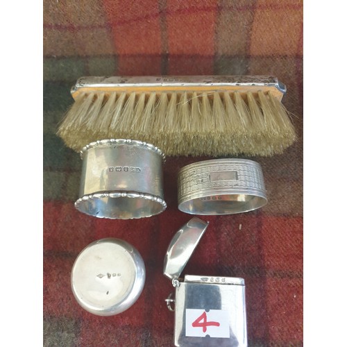 4 - Silver Hallmarked Vesta Case , Pill Box, 2 Napkin Rings And Silver Backed Brush Weight Of Silver Not... 