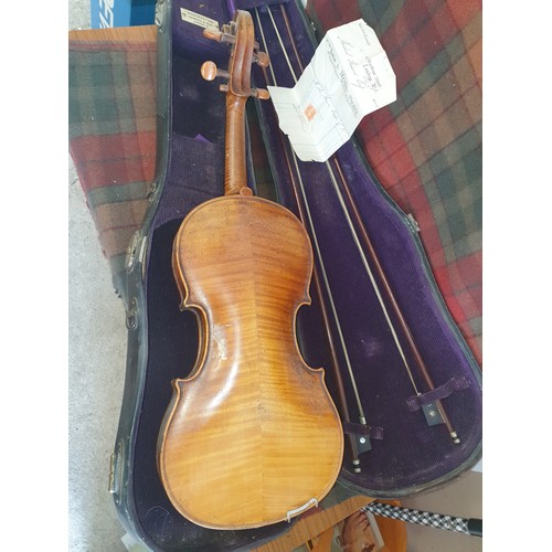 184 - Vintage German Violin With Purchase Receipt Dated 1948 From John And Arthur Beare London with 2 Bows... 