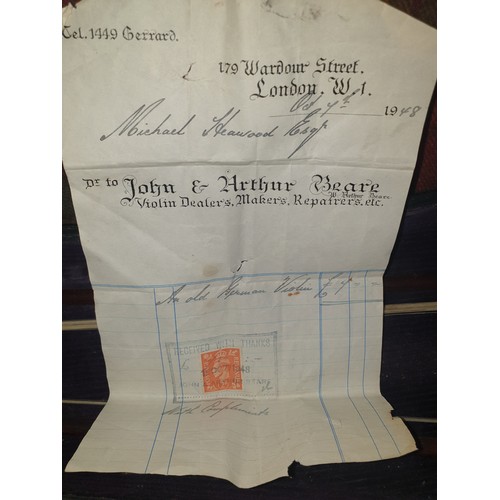 184 - Vintage German Violin With Purchase Receipt Dated 1948 From John And Arthur Beare London with 2 Bows... 