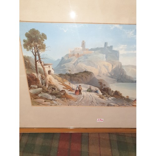 256 - Large Victorian Painting Castle And Lake Scene possibly Continental