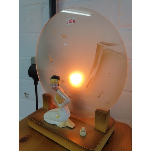 100A - Stunning Little Art Deco Moon Glass Table Lamp With Deco Style Lady To Front a/f