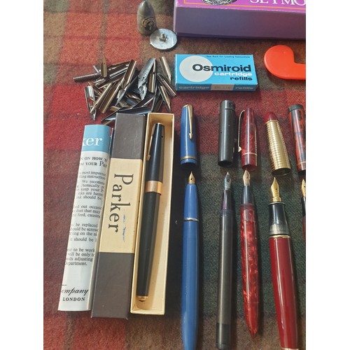 19 - A Box Of Nib Pens Some 14ct Nibs Parker Etc Seal Of Jayne Seymour Boxed Thimble & Lots Nibs etc