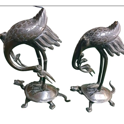 15 - A Pair Of Oriental Bronze Figures Stork On Tortoise [Tallest 19cm][1 a/f]