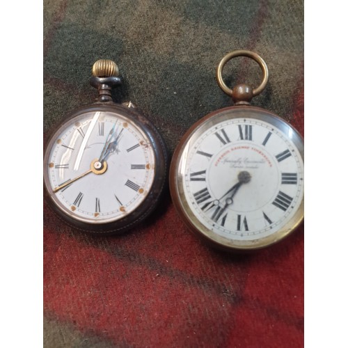 32 - A collection of 4 Assorted Pocket Watches; 1 Albert Chain Railway Timekeeper, Ingersol Triumph, Gun ... 