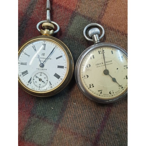 32 - A collection of 4 Assorted Pocket Watches; 1 Albert Chain Railway Timekeeper, Ingersol Triumph, Gun ... 