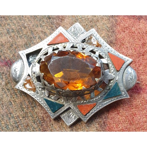 34 - 2 Top Quality Scottish Silver Brooches One with Large Amber Stone Centre