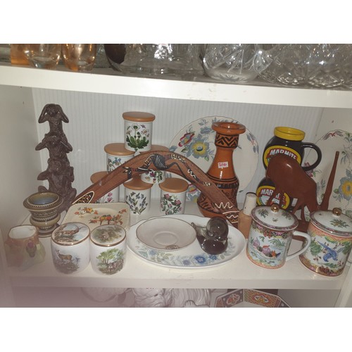 206 - 2 Shelves Of Collectables Glass And Crystal and Portmerion, Oriental Ware, Wade Etc