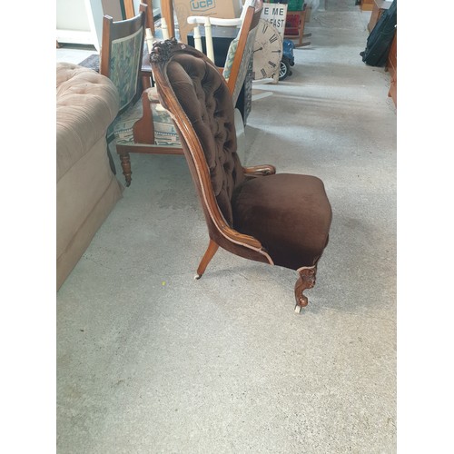 235 - Victorian Spoon Back Chair With Walnut Frame With White Ceramic And Brass Casters