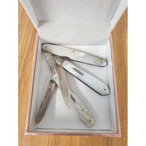 48 - A collection of 3 Silver hall marked Bladed & Mother Of Pearl Handled Fruit Knifes