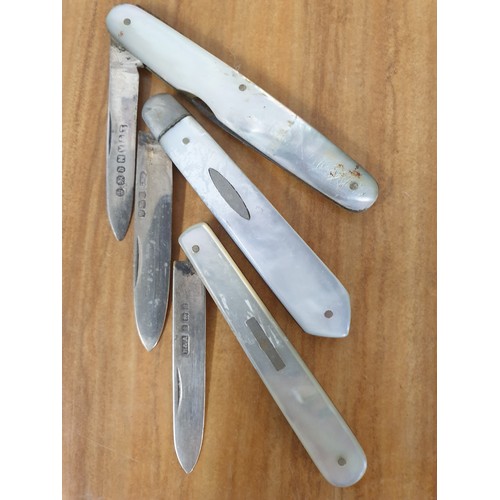 48 - A collection of 3 Silver hall marked Bladed & Mother Of Pearl Handled Fruit Knifes