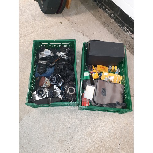 124 - 2 Crates Of Camera Equipment; Practica, Minolta &  Cannon together With Projector Etc