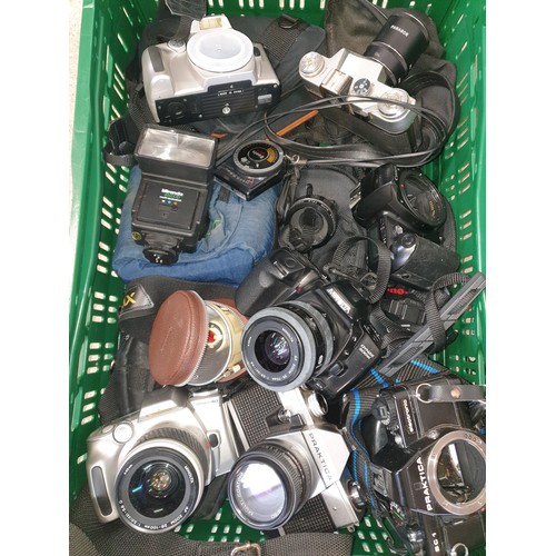 124 - 2 Crates Of Camera Equipment; Practica, Minolta &  Cannon together With Projector Etc