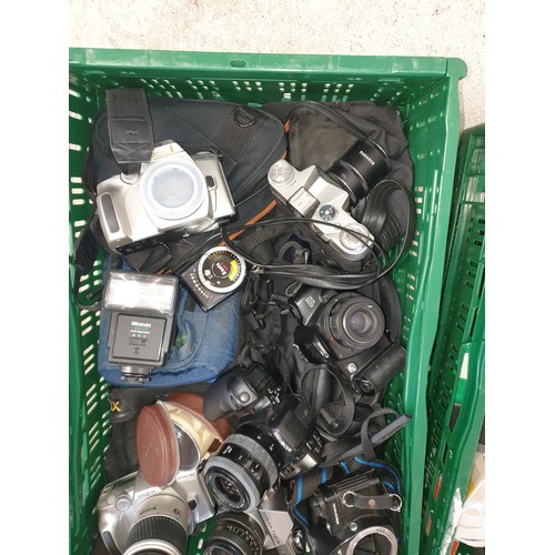 124 - 2 Crates Of Camera Equipment; Practica, Minolta &  Cannon together With Projector Etc