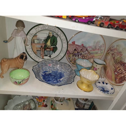 208 - 2 Shelves Of Collectables Doulton, Nao, Maling Ringtons, Delft And Ship In A Bottle etc