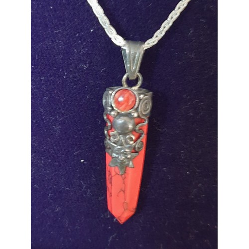 38 - A Silver Chain With Silver set with Red agate style Stone Pendant