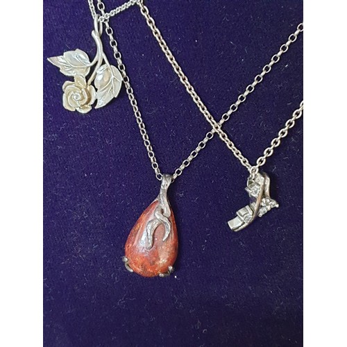 40 - A collection of 3 Silver Chains With Pendants; Agate design pendant, flower pendant & other