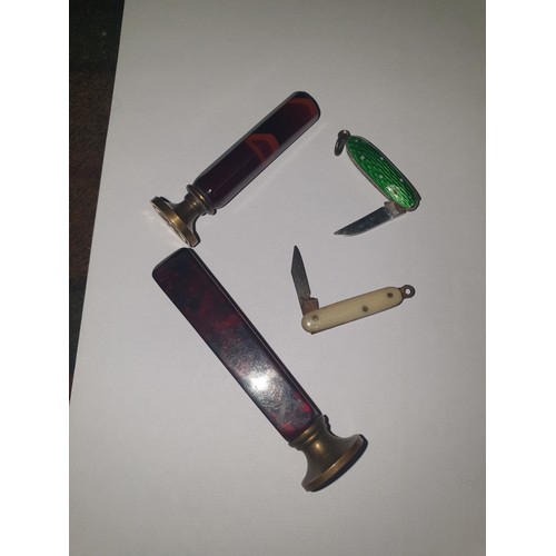 60 - 2 antique Collectable Miniature Knifes; enamel small knife together with Late Victorian Seal Stamper... 