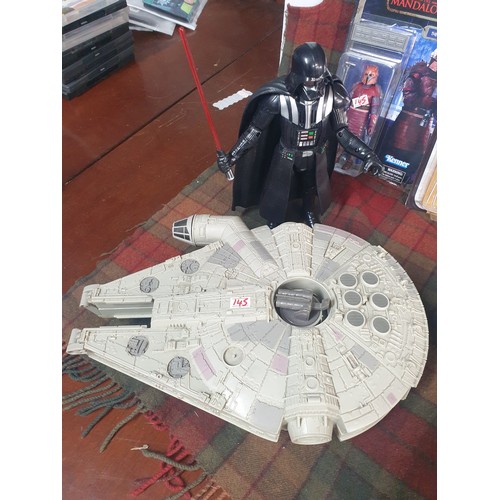 145 - A Selection Star Wars Figures; 3 The Madalorian , Darth Vader, Millenium Falcon With Figures And Sta... 