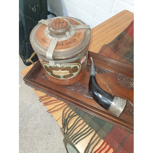 210 - A selection of collectables; Carved Tray, Horn, Brass Burner African Busts And Pair Of Bowling Boule... 