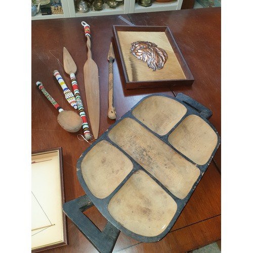 156 - Large Selection Of African Items Zebra Footstool, Wood Carvings, Weapons, Large Serving Dish Etc