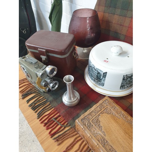 217 - Shelf Of Collectables Cheese Dome Copper Pot With Burner stove, Wood Carved Box Eumig Cine Camera Et... 