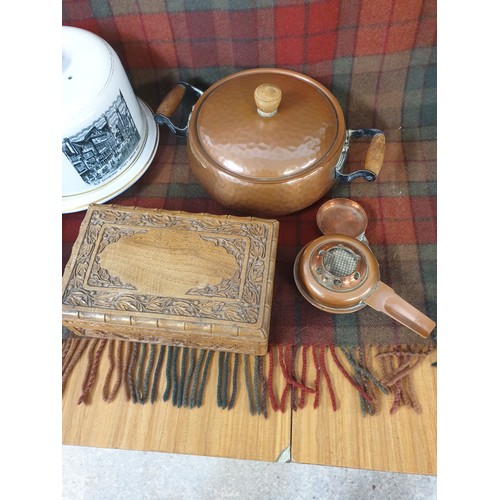 217 - Shelf Of Collectables Cheese Dome Copper Pot With Burner stove, Wood Carved Box Eumig Cine Camera Et... 