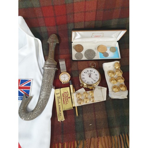 218 - A Small Box Of Collectables Great Britain Vest, Arabic Dagger Coins, Military Buttons & Timex Watch ... 