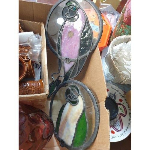 220 - A Box Of Collectables Leaded Glass Parrot Panels, Large Ruby Glass Vase Retro Tea Set & Victorian Gl... 