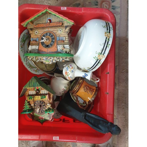 221 - Large Crate Of Collectables Doulton Figure Cuckoo Clocks Aynsley And Lustre Ware etc