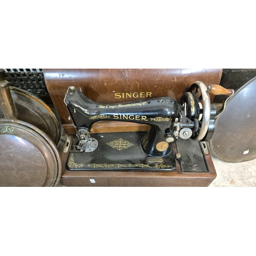 249 - 3 Early 1900s Bed Warmers And Singer Sewing Machine