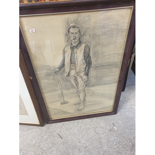 250 - 2 Vintage Pictures 1 Etching Old Lady With Stool and Charcoal Drawing Of Croquet Player