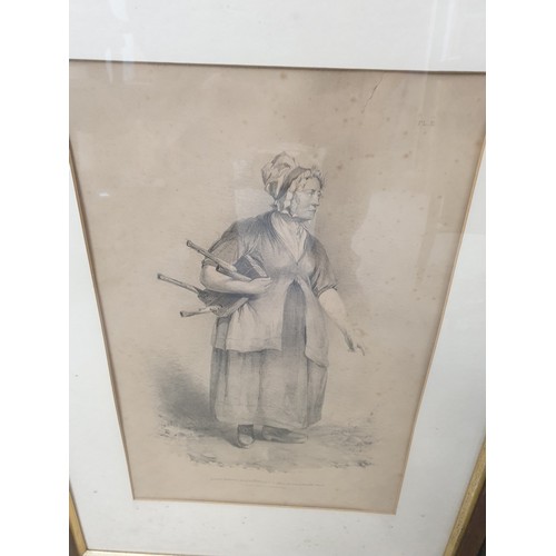 250 - 2 Vintage Pictures 1 Etching Old Lady With Stool and Charcoal Drawing Of Croquet Player