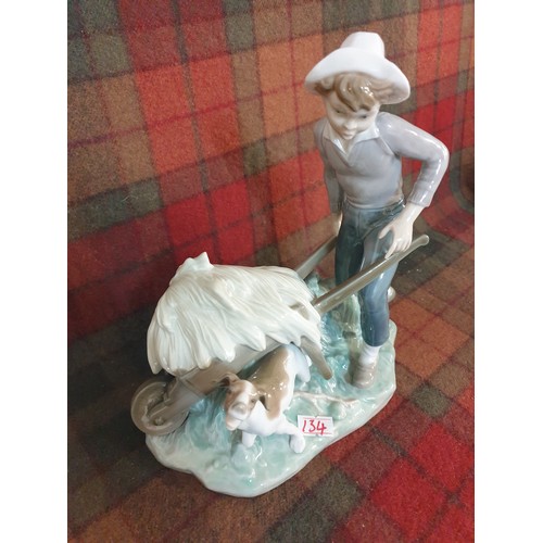 134 - Rare Lladro Figure Boy With Wheel Barrow Full Of Hay And Trusty Dog Companion 23 cms Tall 20 cms Len... 