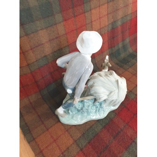 134 - Rare Lladro Figure Boy With Wheel Barrow Full Of Hay And Trusty Dog Companion 23 cms Tall 20 cms Len... 