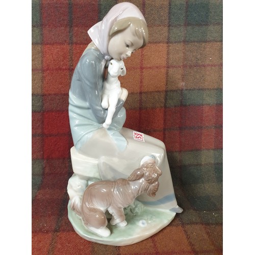 138 - Large Lladro Figure Lady With Lamb And Dog With Basket Of Flowers 24 cm Tall