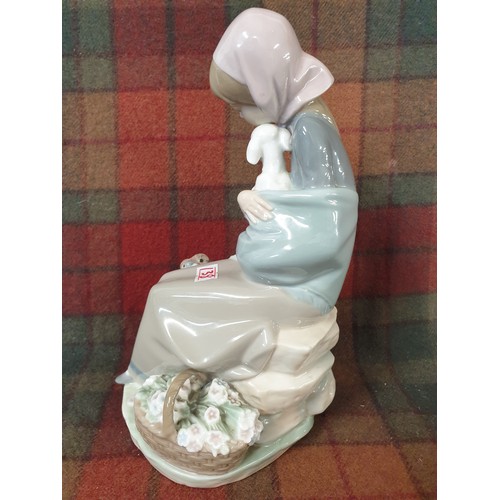 138 - Large Lladro Figure Lady With Lamb And Dog With Basket Of Flowers 24 cm Tall