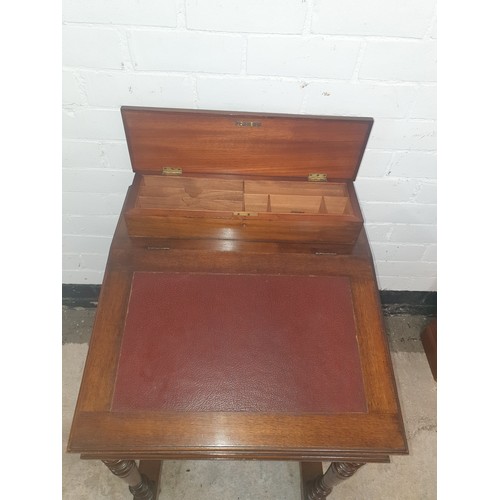 165 - Beautiful Early 1900s Davenport With Leather Writing Top And 4 Drawer Side On Caster Feet