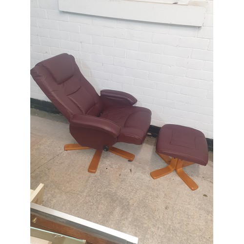 171 - Beautiful Condition Burgundy Leather Relaxer Recliner Chair With Pouffee