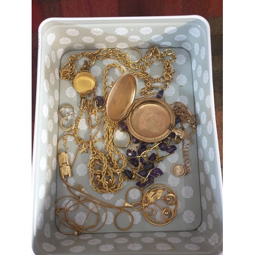 40B - Box Of Yellow Metal Jewellery Gold Plated Pocket Watch Case etc