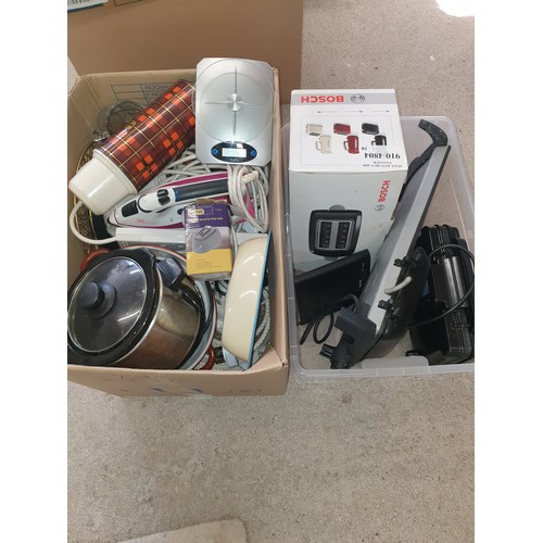 392 - 2 Boxes Of Kitchenalia Bosch Toaster George Foreman, Scales Iron Flask Etc